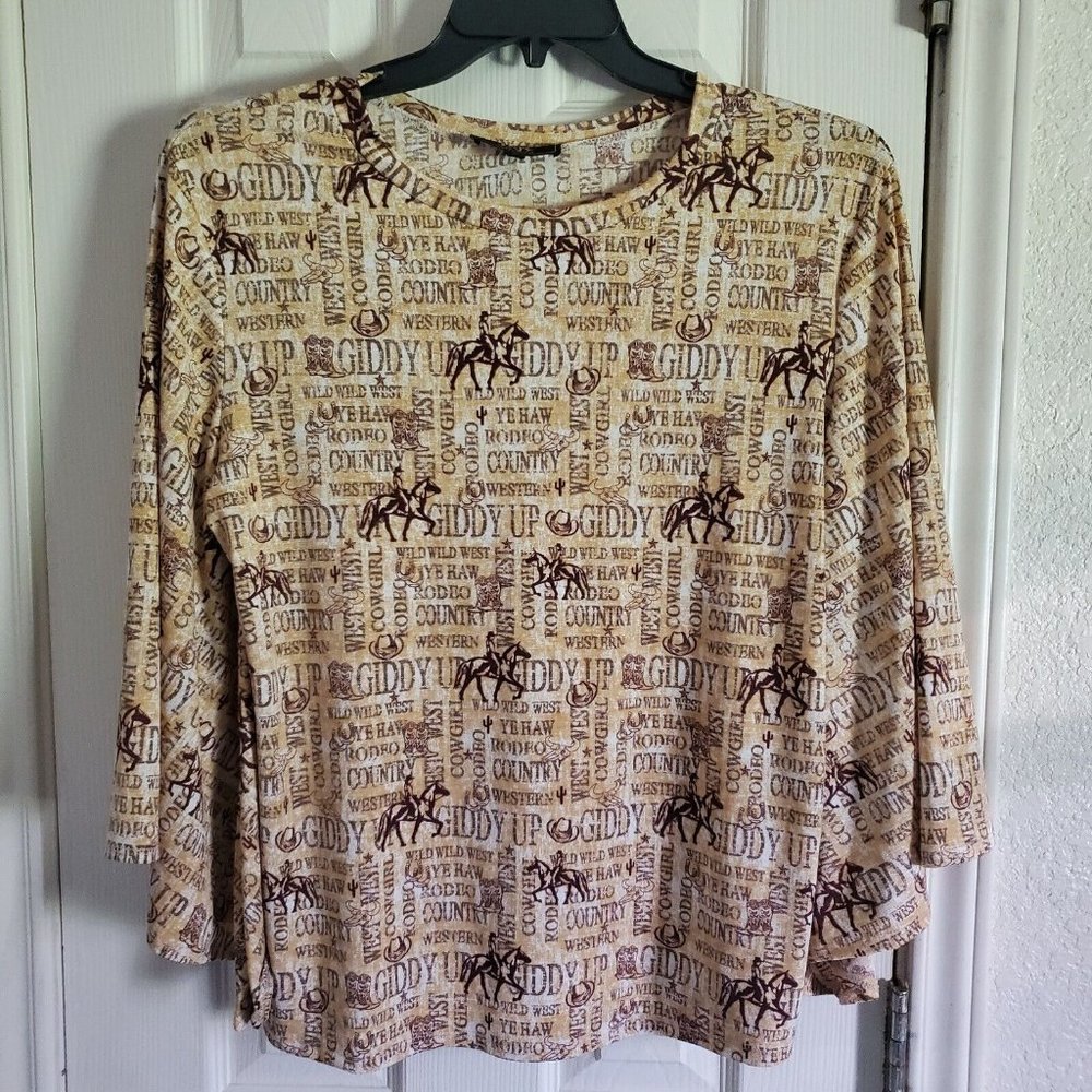 Lucky & Blessed Womens Size L Cowgirl Western Print Bell Sleeve Tunic Top